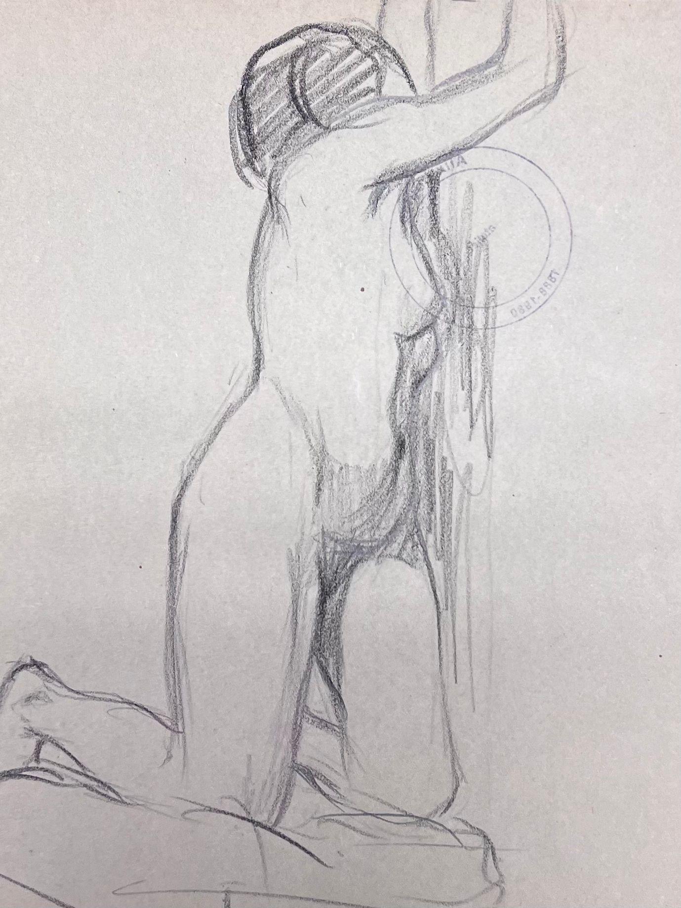 Nude Figure
by Louise Alix (French, 1888-1980) *see notes below
provenance stamp to the back 
pencil drawing on artist paper, unframed
measures: 10 high by 8 inches wide
condition: overall very good and sound, a few scuffs and marks to the surface