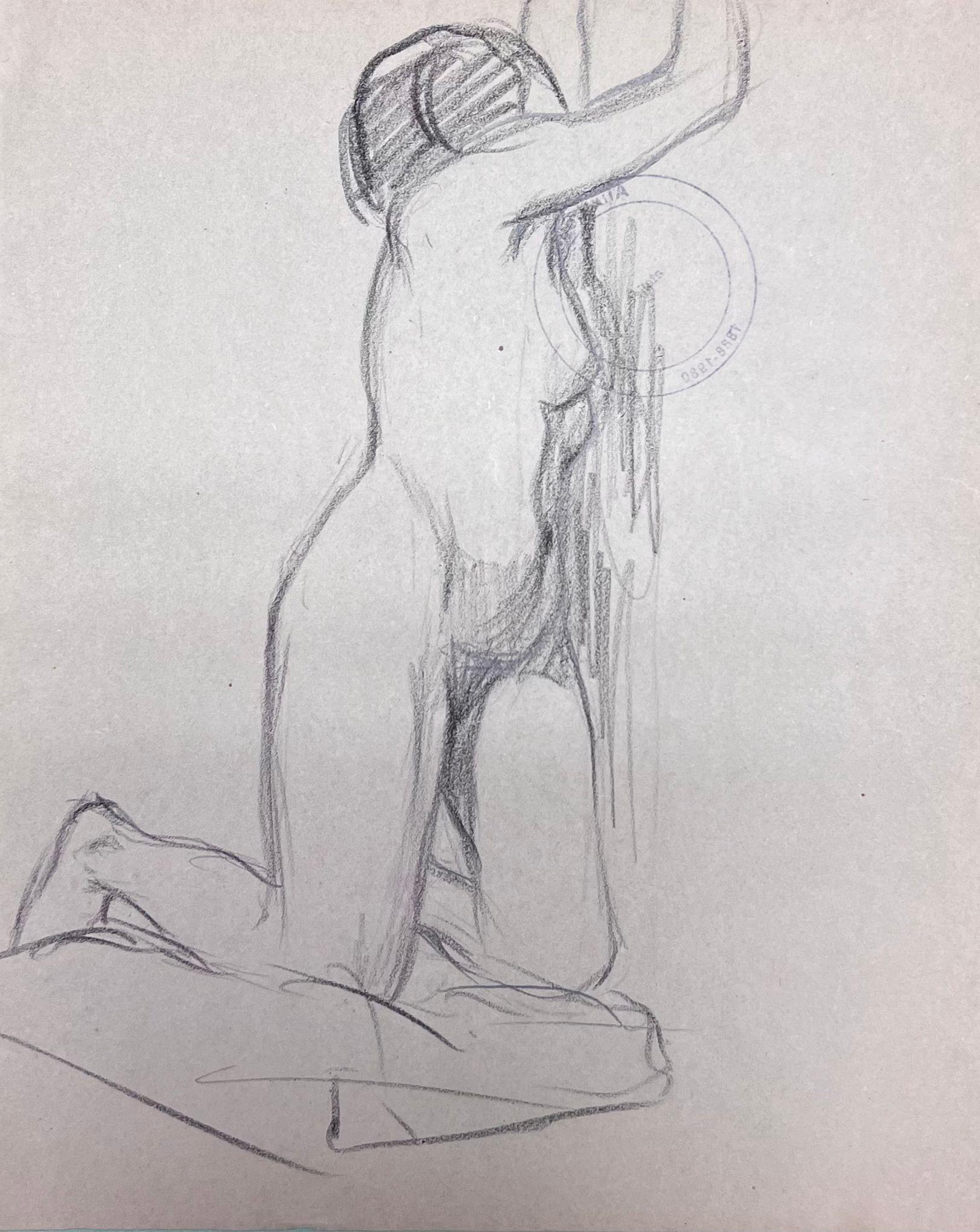 Nude Painting Louise Alix - Peinture de croquis au crayon d'une figure féminine nue impressionniste française