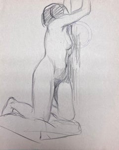 Retro French Impressionist Nude Female Figure Pencil Sketch Painting