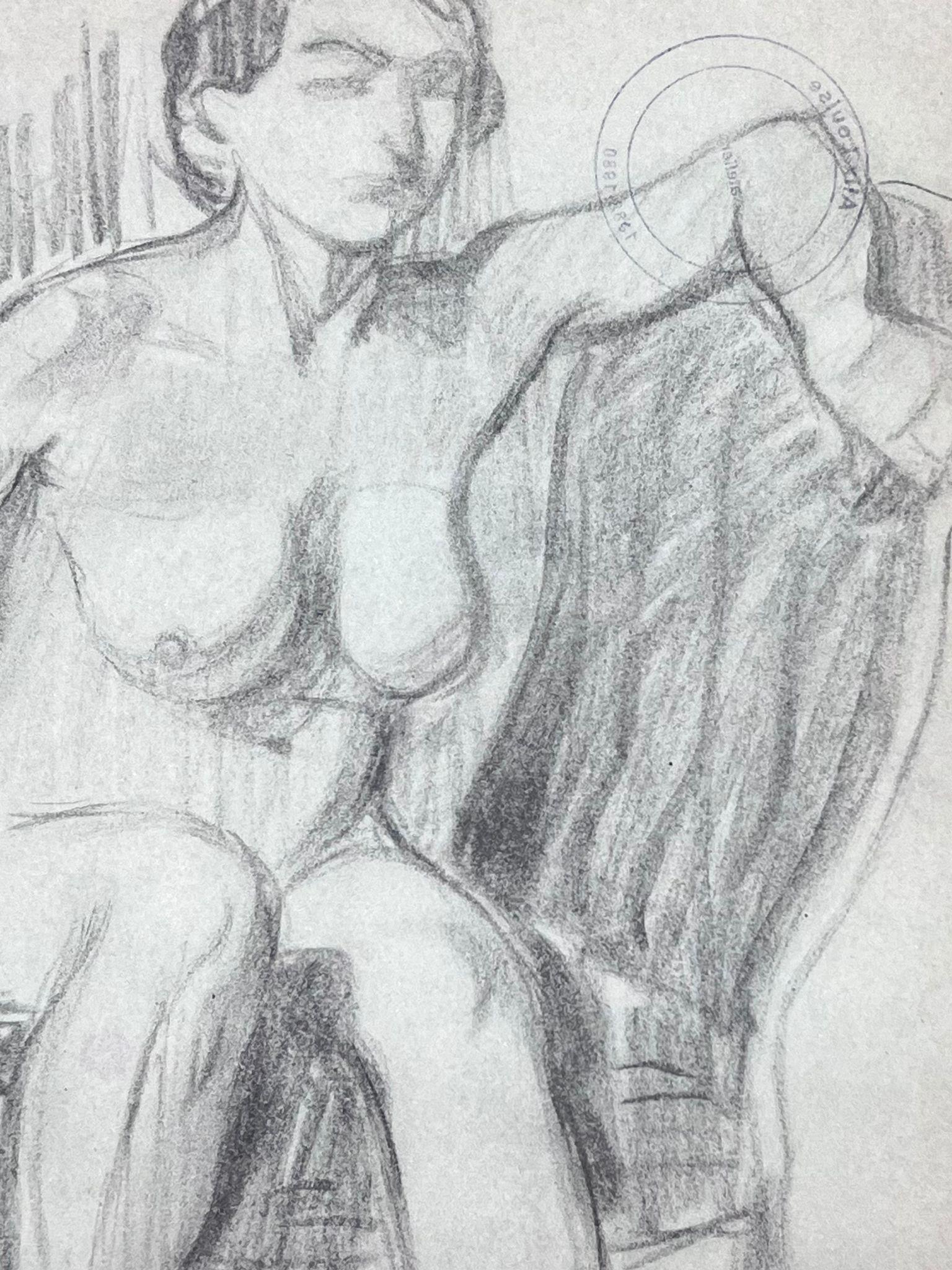 French Impressionist Nude Female Figure Sat On Arm Chair Pencil Sketch - Painting by Louise Alix