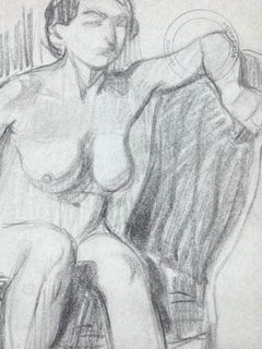 French Impressionist Nude Female Figure Sat On Arm Chair Pencil Sketch
