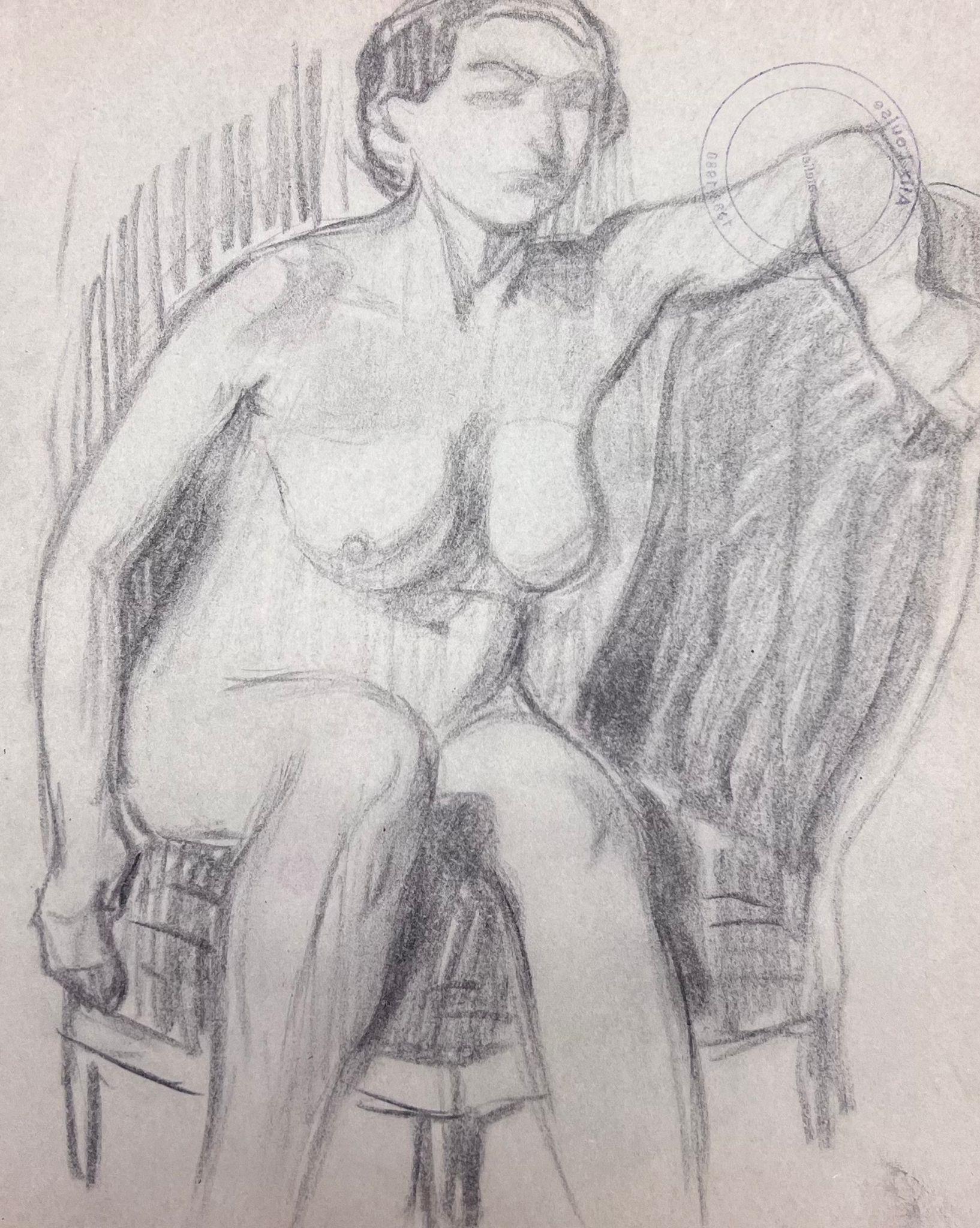 Louise Alix Nude Painting - French Impressionist Nude Female Figure Sat On Arm Chair Pencil Sketch