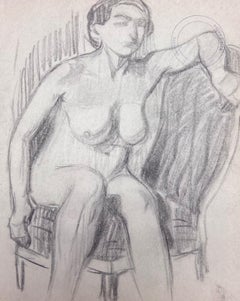 Vintage French Impressionist Nude Female Figure Sat On Arm Chair Pencil Sketch