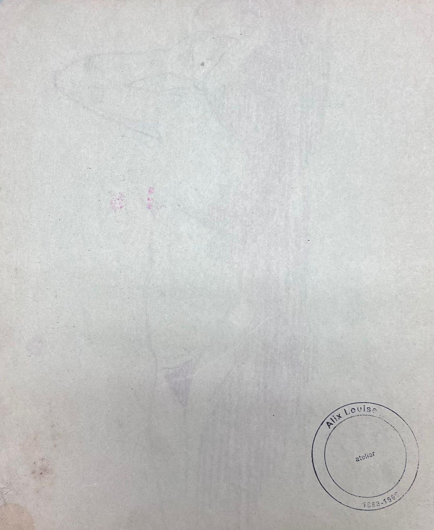 Nude Female
by Louise Alix (French, 1888-1980) *see notes below
provenance stamp to the back 
pencil drawing on artist paper, unframed
measures: 10 high by 8 inches wide
condition: overall very good and sound, a few scuffs and marks to the surface