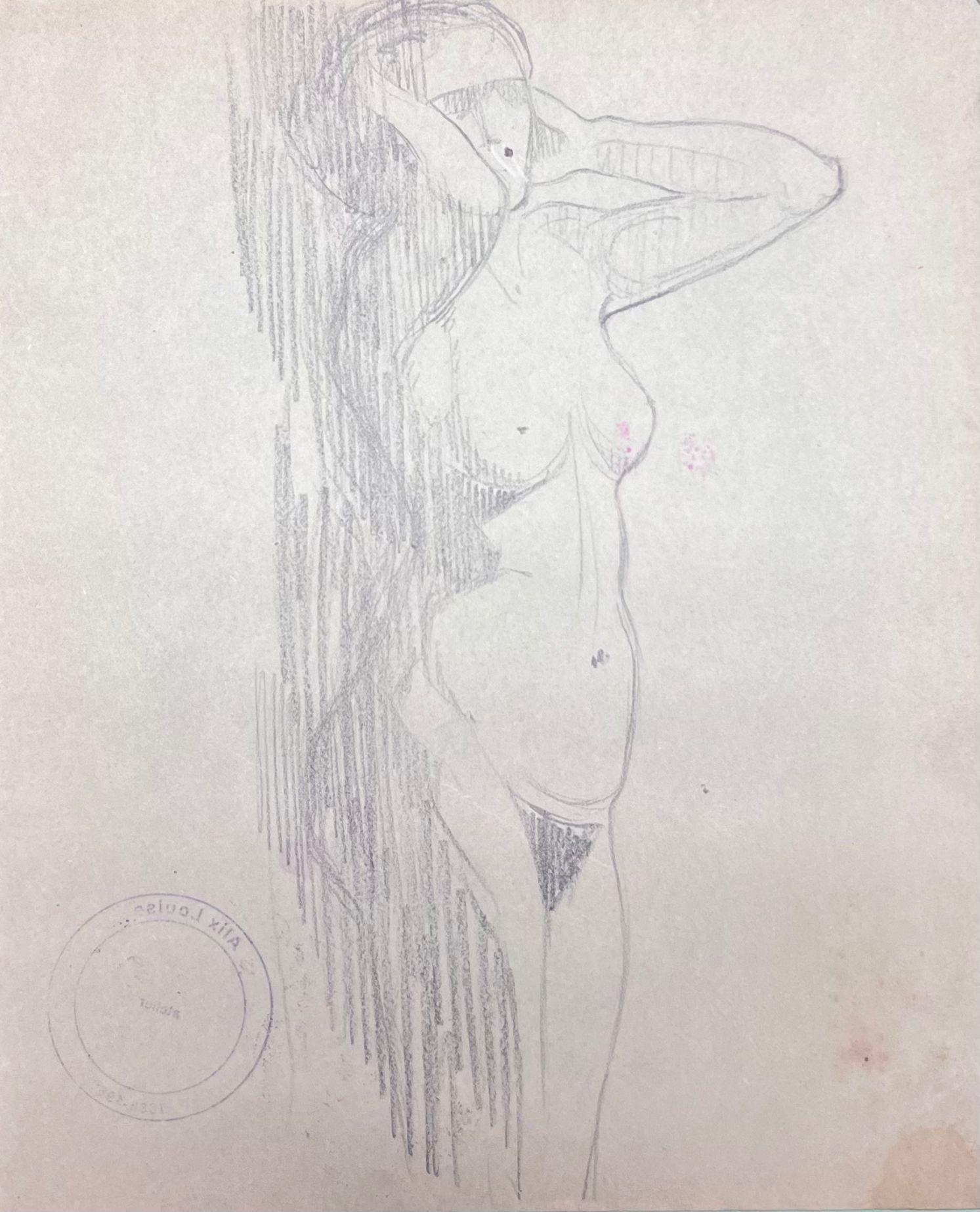 Louise Alix Nude Painting - French Impressionist Nude Female Figure Showering Pencil Sketch