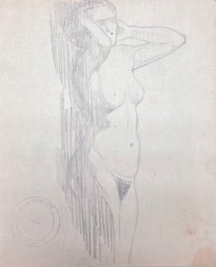 Retro French Impressionist Nude Female Figure Showering Pencil Sketch