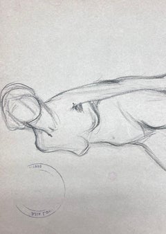 French Impressionist Nude Female Figure Stretching Pencil Sketch