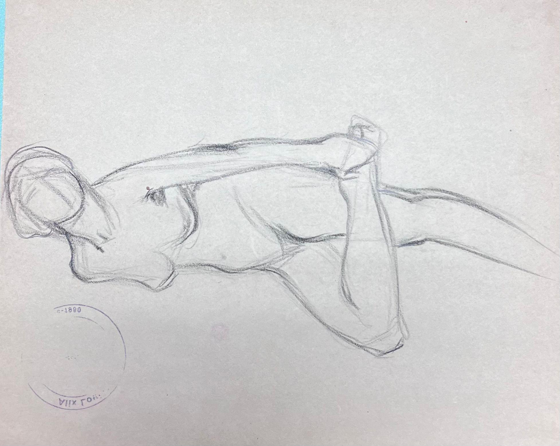 French Impressionist Nude Female Figure Stretching Pencil Sketch