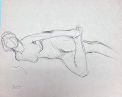 Retro French Impressionist Nude Female Figure Stretching Pencil Sketch