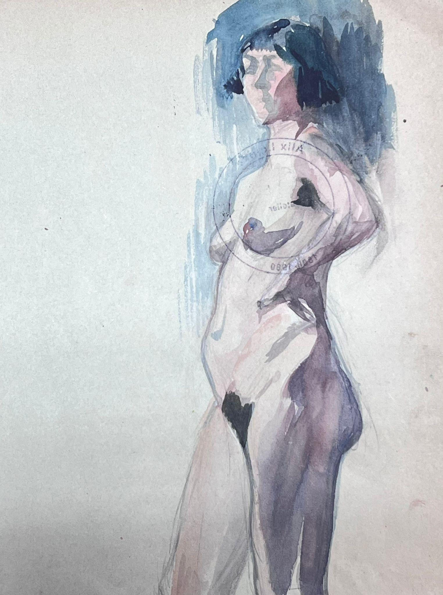 Nude Female
by Louise Alix (French, 1888-1980) *see notes below
provenance stamp to the back 
watercolour painting on artist paper, unframed
measures: 10 high by 8 inches wide
condition: overall very good and sound, a few scuffs and marks to the