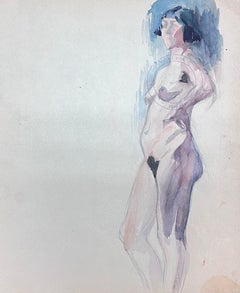 Peinture à l'aquarelle impressionniste française - Figure féminine nue 