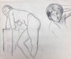 Vintage French Impressionist Nude Female Figures Pencil Sketch