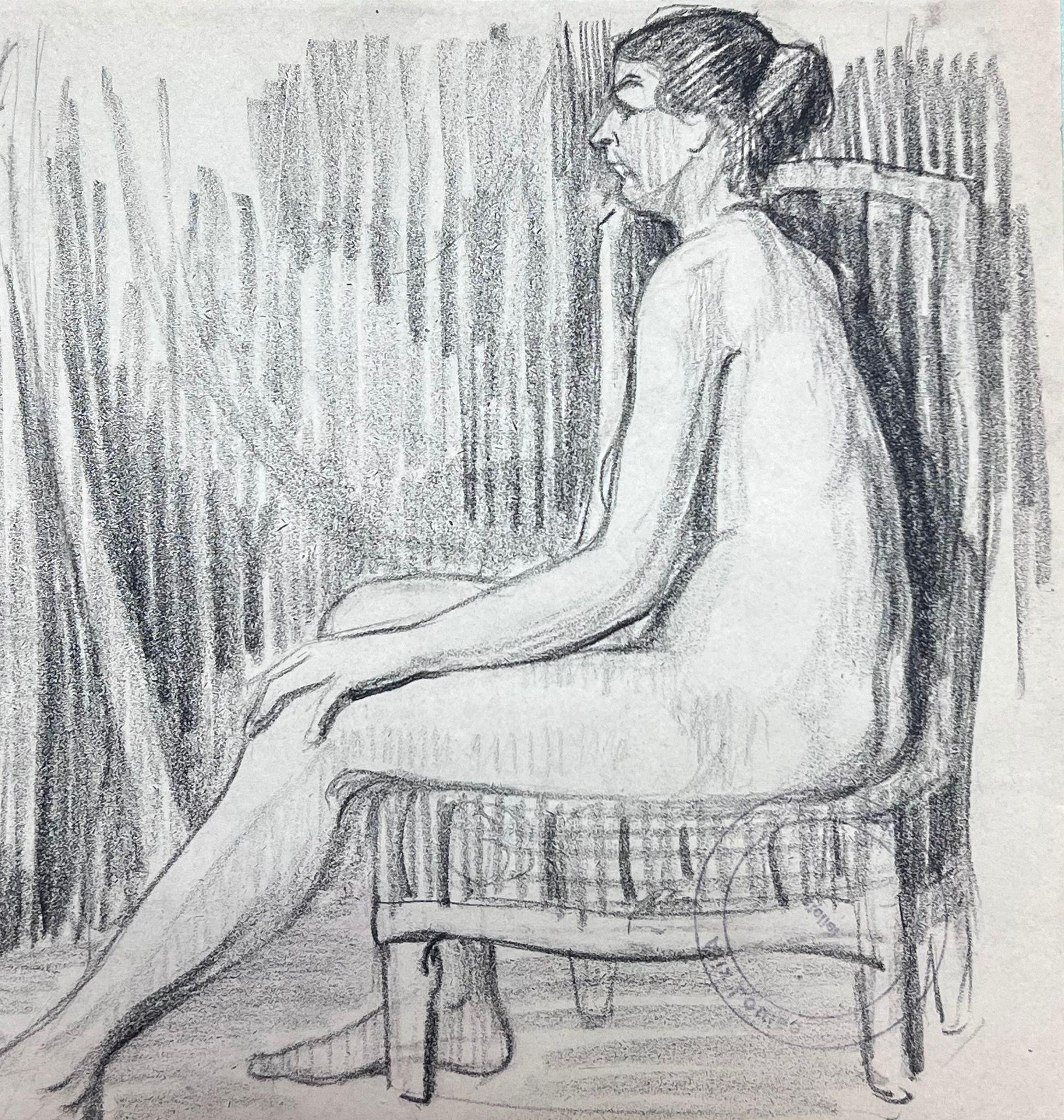 French Impressionist Nude Female Model Posed On Arm Chair Pencil Sketch - Painting by Louise Alix