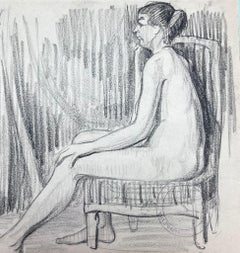 French Impressionist Nude Female Model Posed On Arm Chair Pencil Sketch