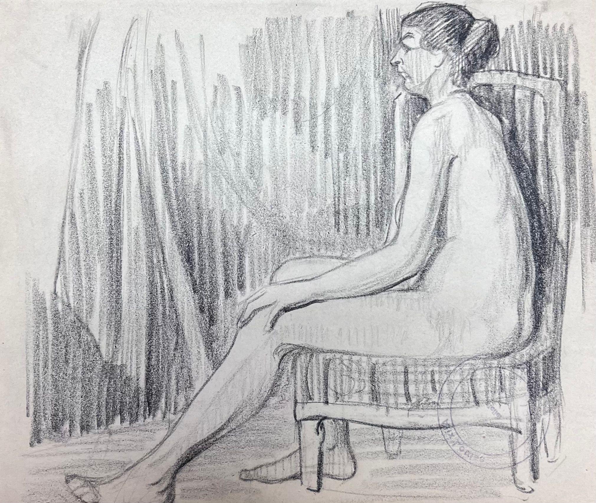 Nude Model
by Louise Alix (French, 1888-1980) *see notes below
provenance stamp to the back 
pencil drawing on artist paper, unframed
measures: 8 high by 10 inches wide
condition: overall very good and sound, a few scuffs and marks to the surface