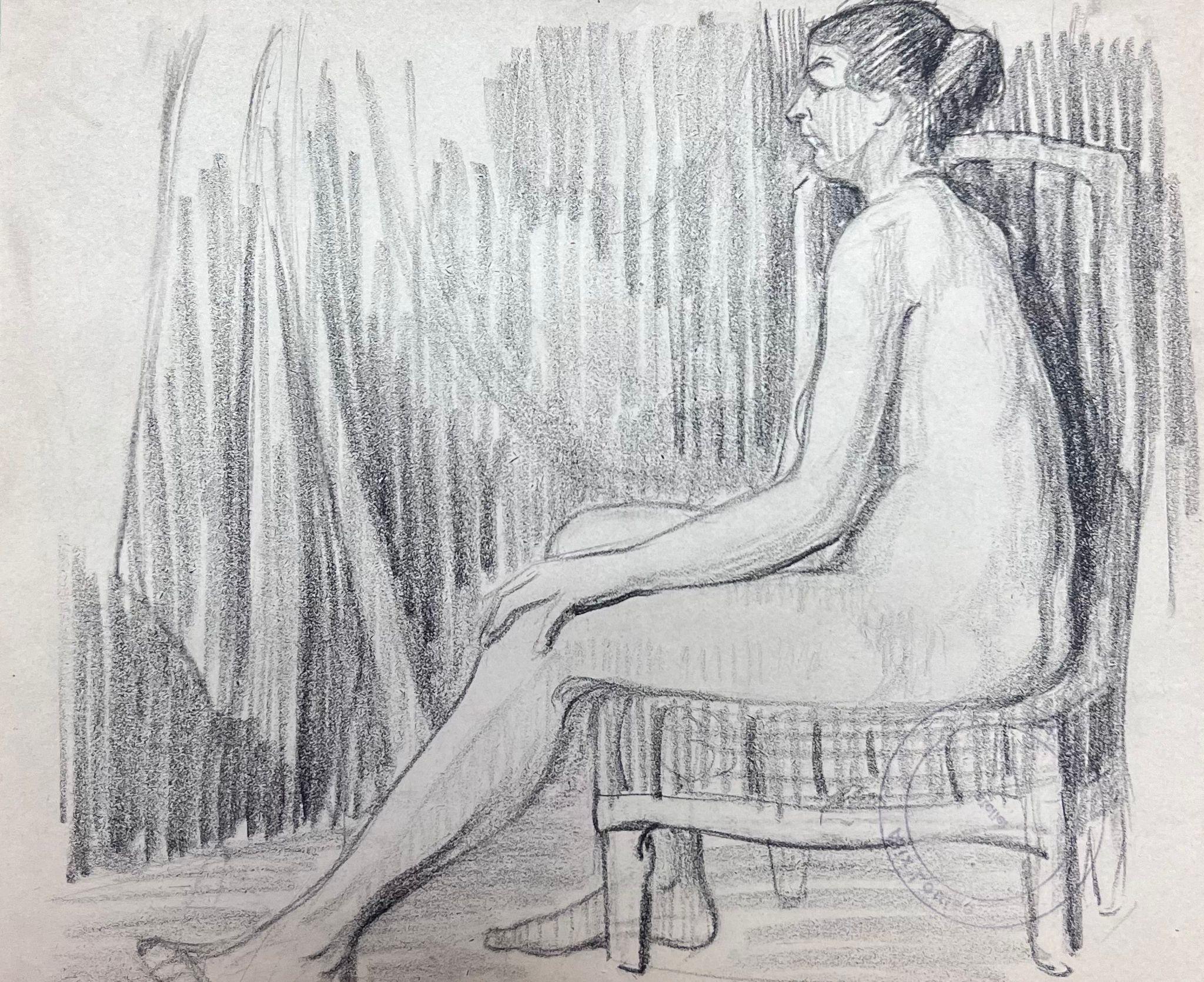 Louise Alix Nude Painting - French Impressionist Nude Female Model Posed On Arm Chair Pencil Sketch