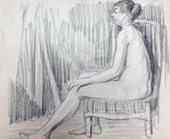 Vintage French Impressionist Nude Female Model Posed On Arm Chair Pencil Sketch