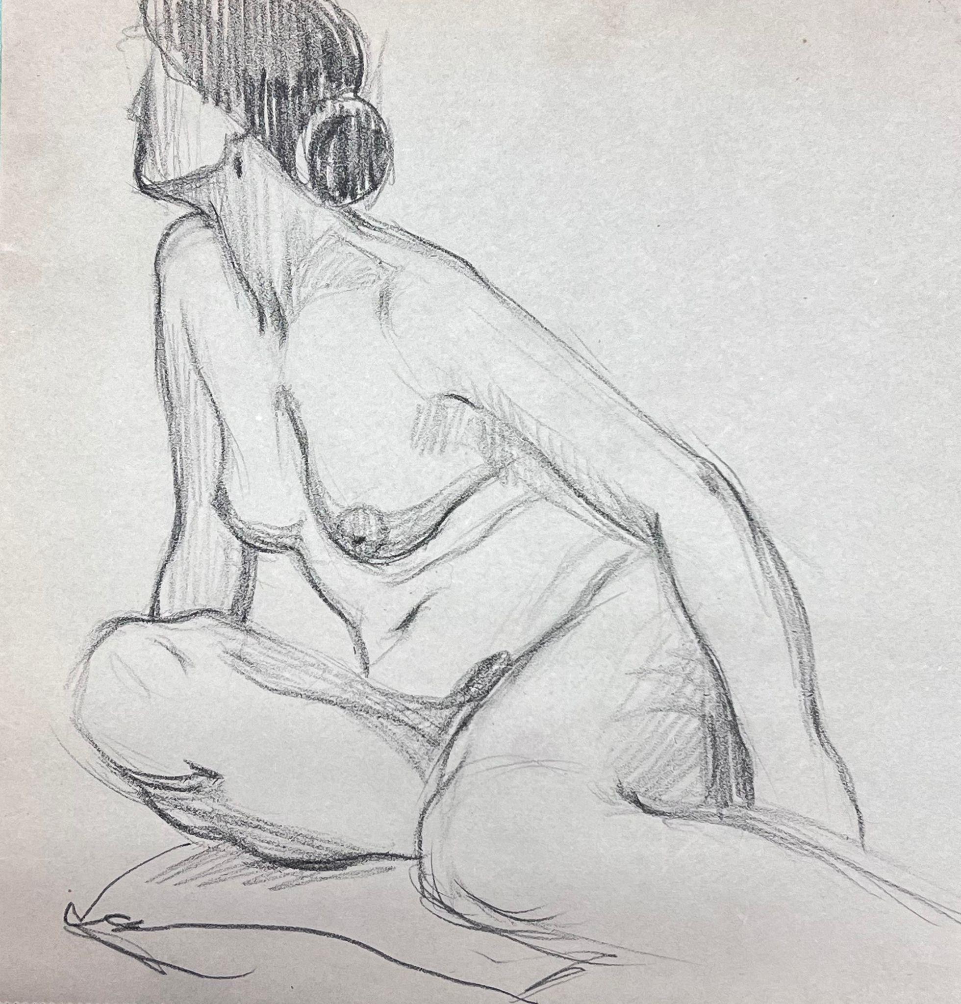 Nude Female
by Louise Alix (French, 1888-1980) *see notes below
provenance stamp to the back 
pencil drawing on artist paper, unframed
measures: 8 high by 10 inches wide
condition: overall very good and sound, a few scuffs and marks to the surface