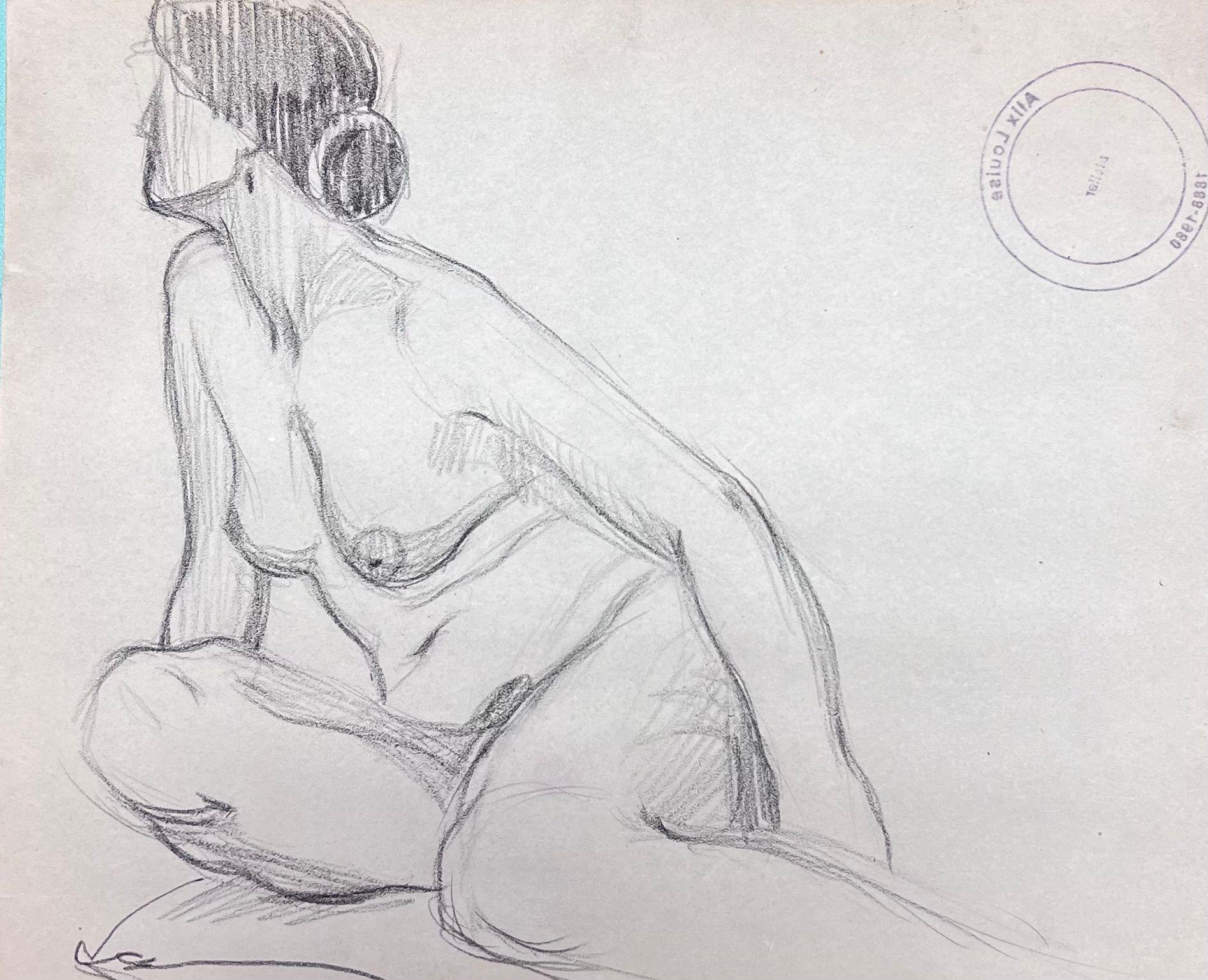 Pintura Impresionista Francesa Figura Femenina Desnuda Posada Dibujo a Lápiz - Figurative Painting Gris de Louise Alix