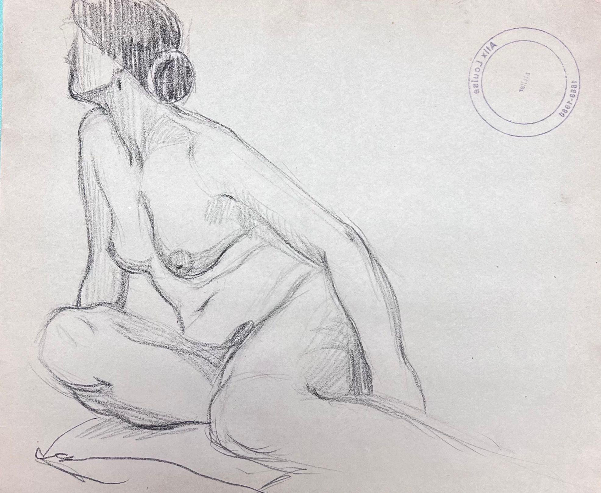 Louise Alix Figurative Painting - French Impressionist Nude Female Posed Figure Pencil Sketch Painting 