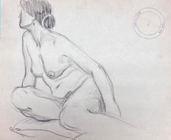 Vintage French Impressionist Nude Female Posed Figure Pencil Sketch Painting 
