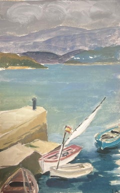 French Impressionist Oil Blue Sea Harbour In Town Landscape