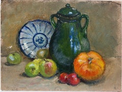 French Impressionist Oil Green Jug Fruit Interior Sene