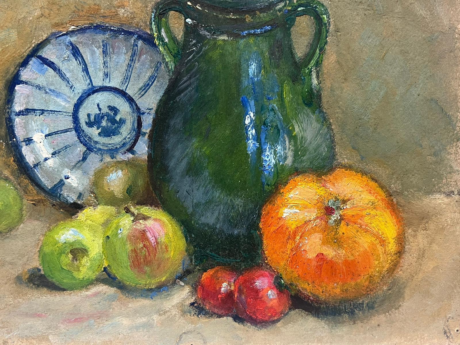 French Impressionist Oil Green Jug Fruit Interior Sene - Gray Still-Life Painting by Louise Alix