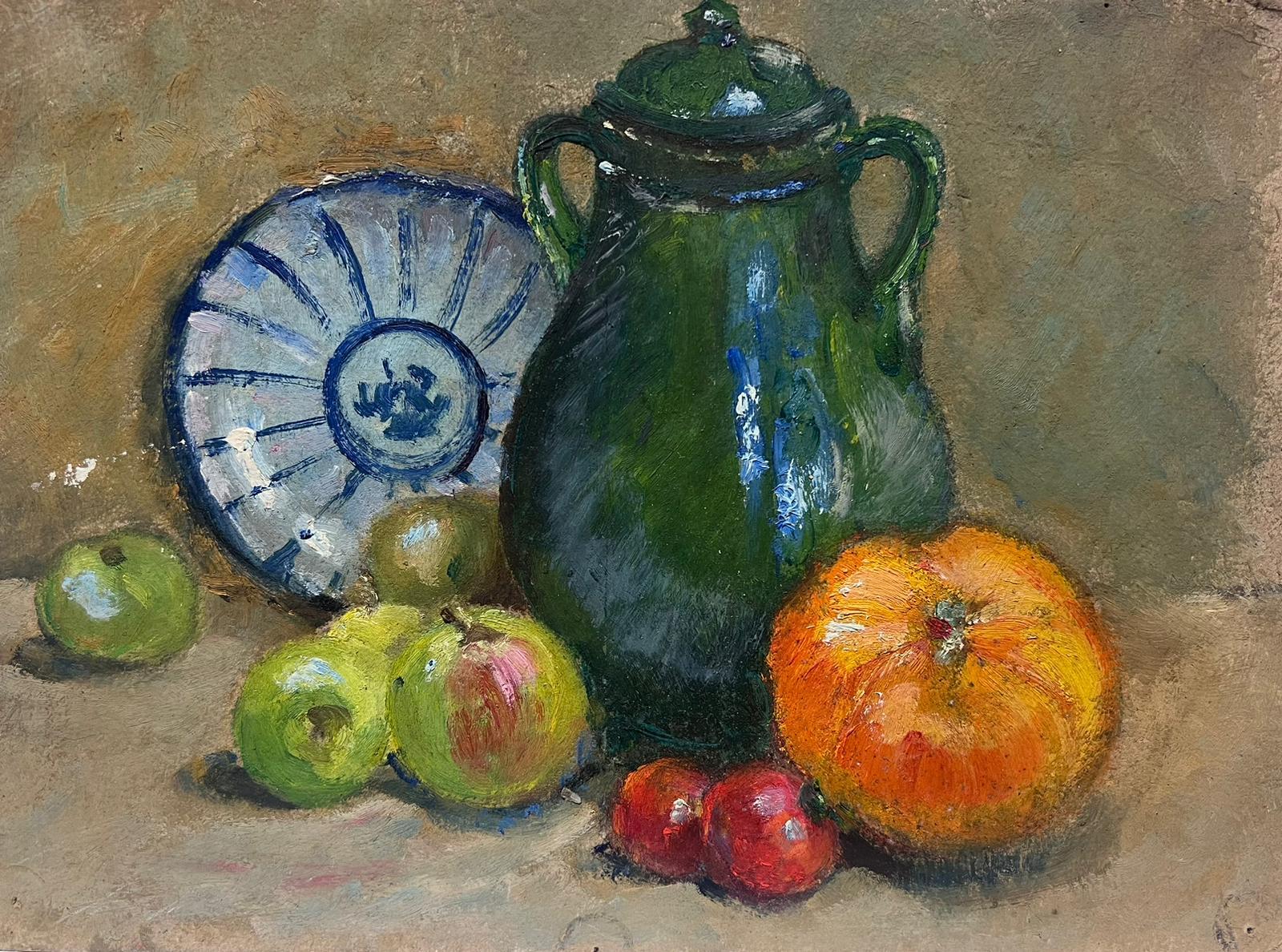 Louise Alix Still-Life Painting - French Impressionist Oil Green Jug Fruit Interior Sene