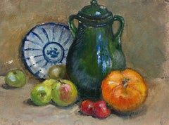 French Impressionist Oil Green Jug Fruit Interior Sene