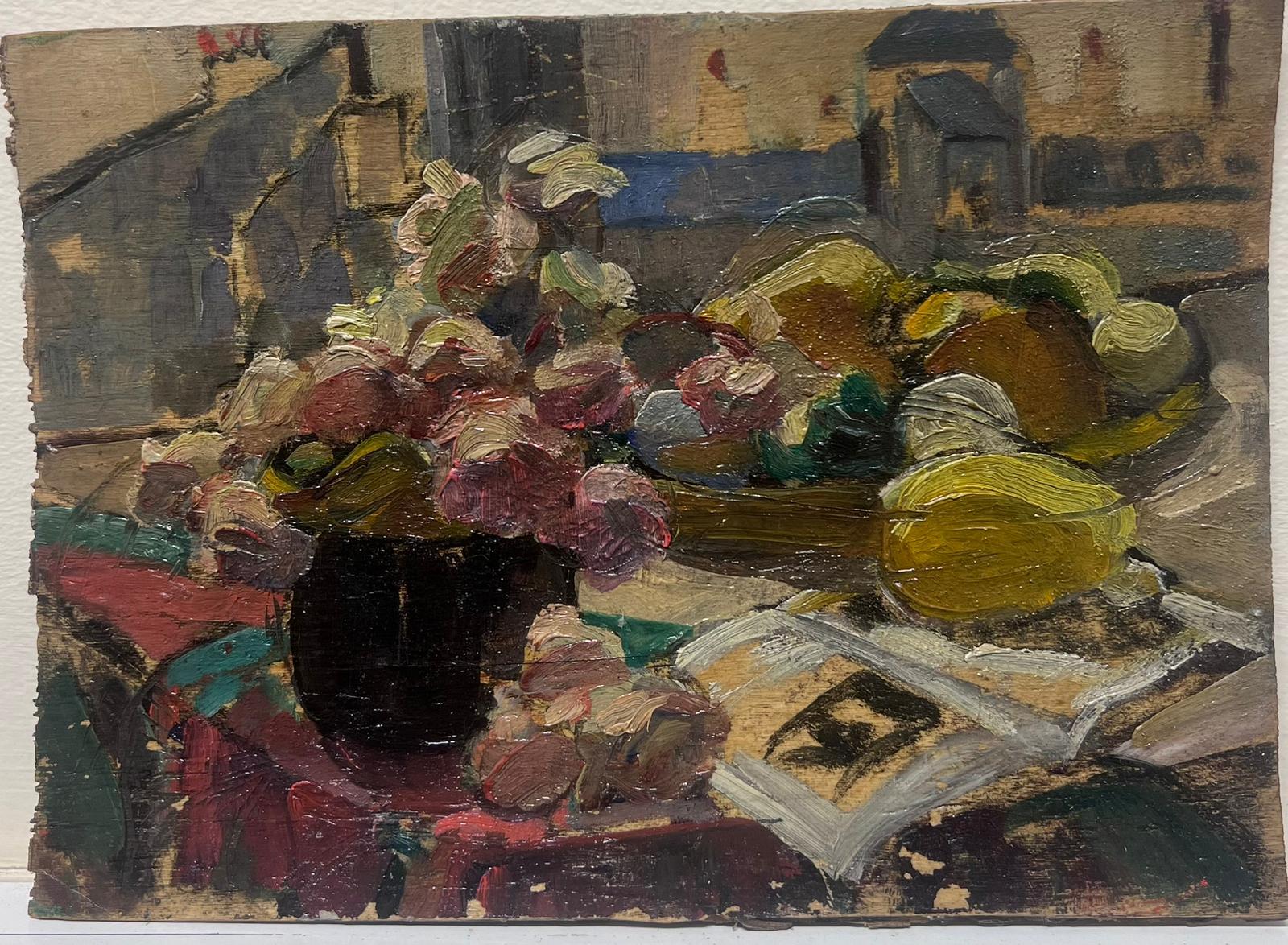 Huile d'intérieur impressionniste française Table à fleurs et fruits  - Painting de Louise Alix