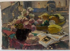French Impressionist Oil Interior Flower and Fruit Table