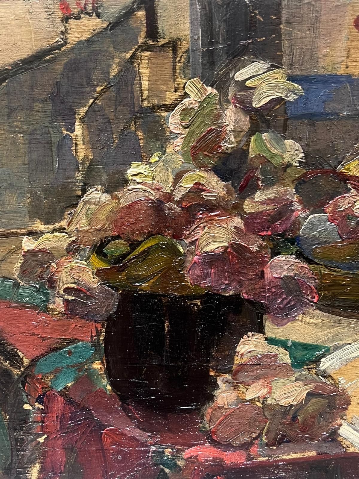 Huile d'intérieur impressionniste française Table à fleurs et fruits  - Impressionnisme Painting par Louise Alix