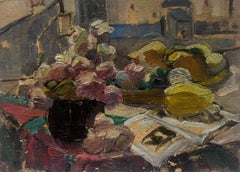 French Impressionist Oil Interior Flower and Fruit Table 