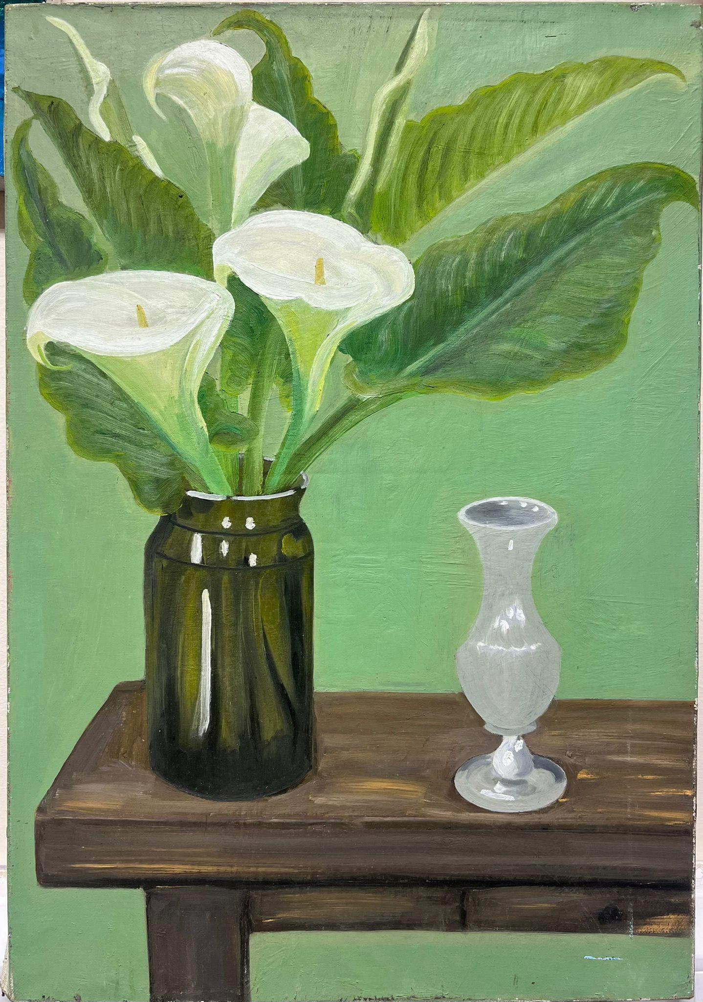 Französisches impressionistisches Öl-Interieurgemälde, Öl, Calla, weiße Lilien auf Holzbank, im Impressionismus – Painting von Louise Alix