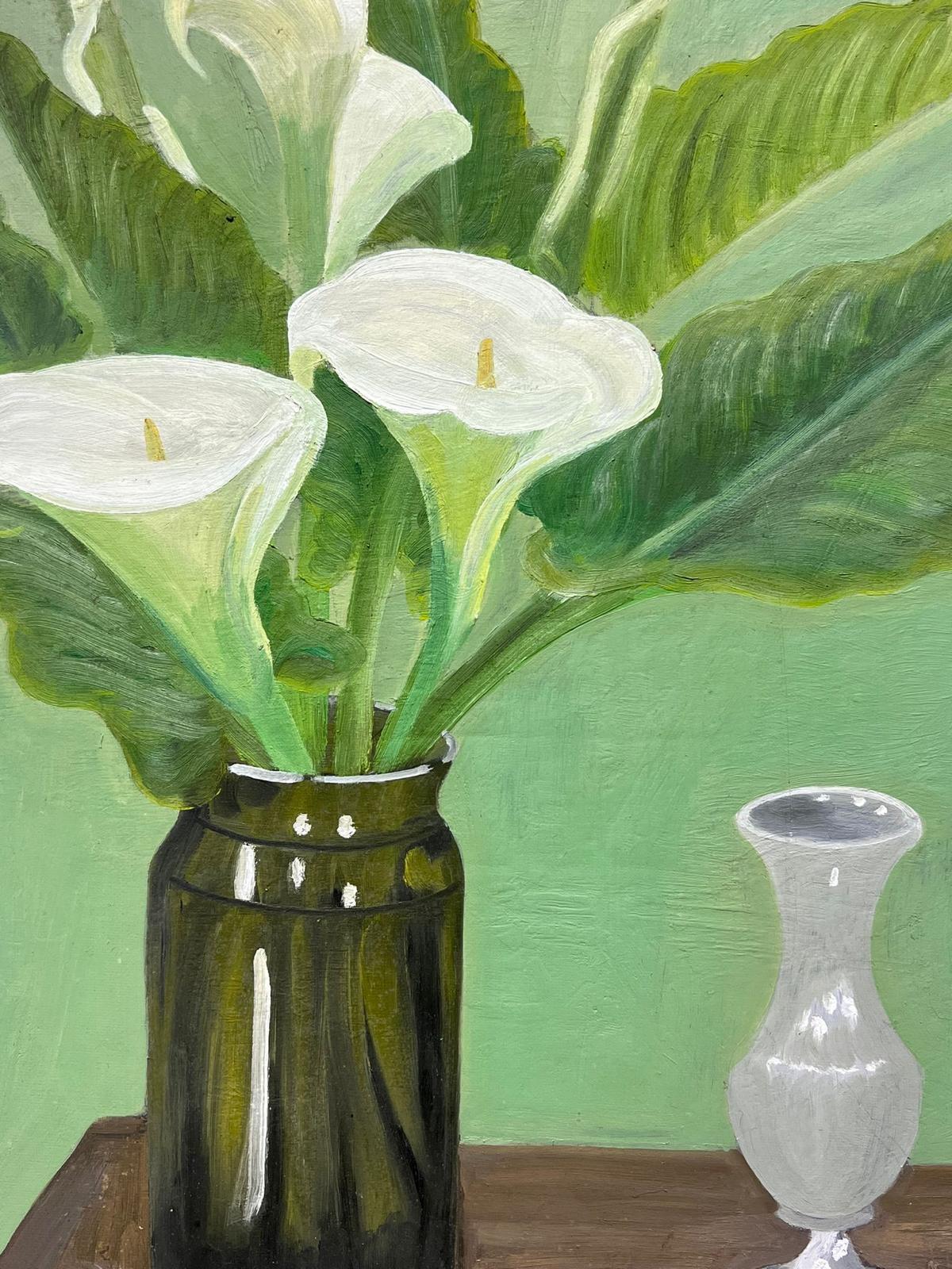 Französisches impressionistisches Öl-Interieurgemälde, Öl, Calla, weiße Lilien auf Holzbank, im Impressionismus im Angebot 1