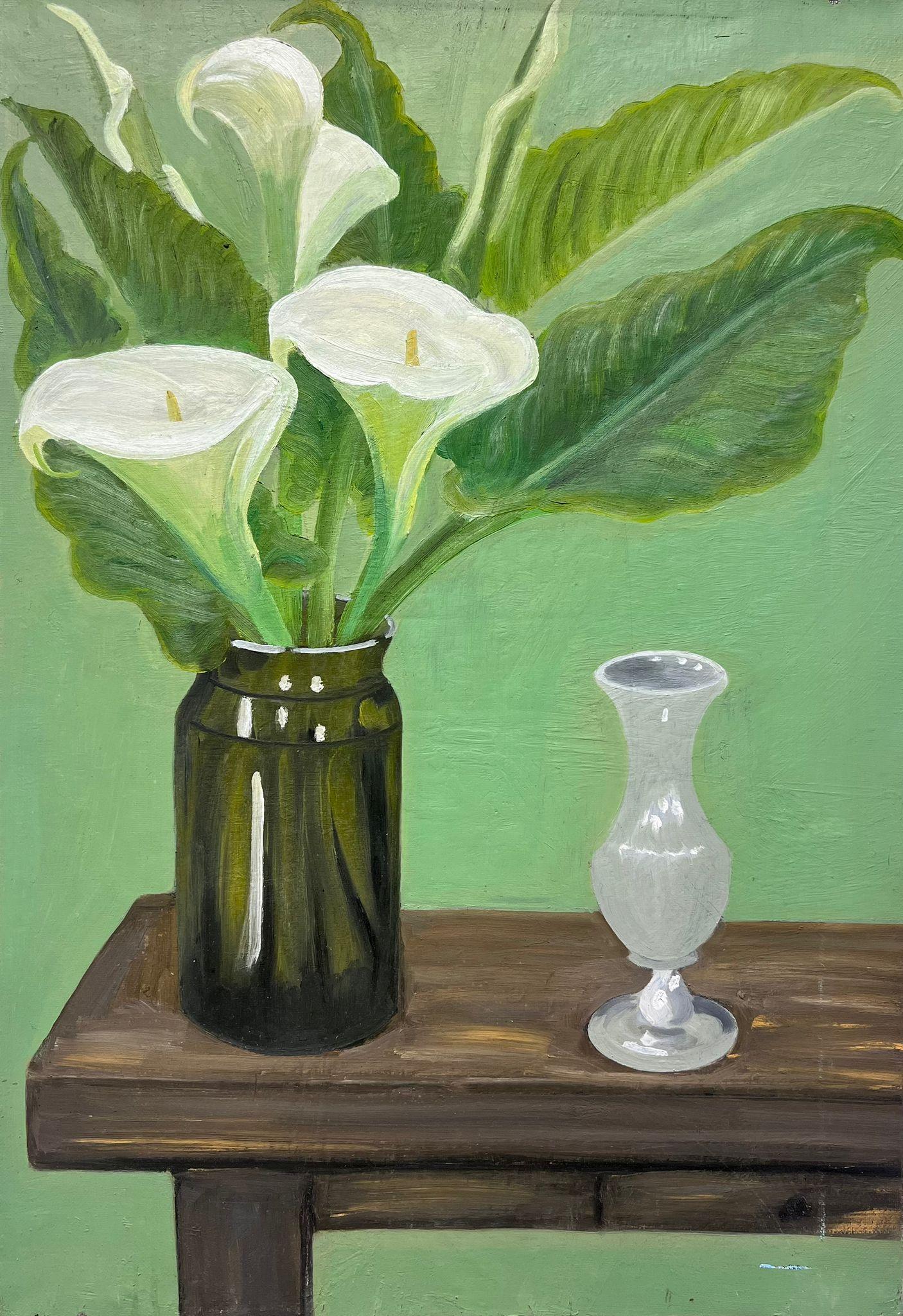 Louise Alix Still-Life Painting – Französisches impressionistisches Öl-Interieurgemälde, Öl, Calla, weiße Lilien auf Holzbank, im Impressionismus