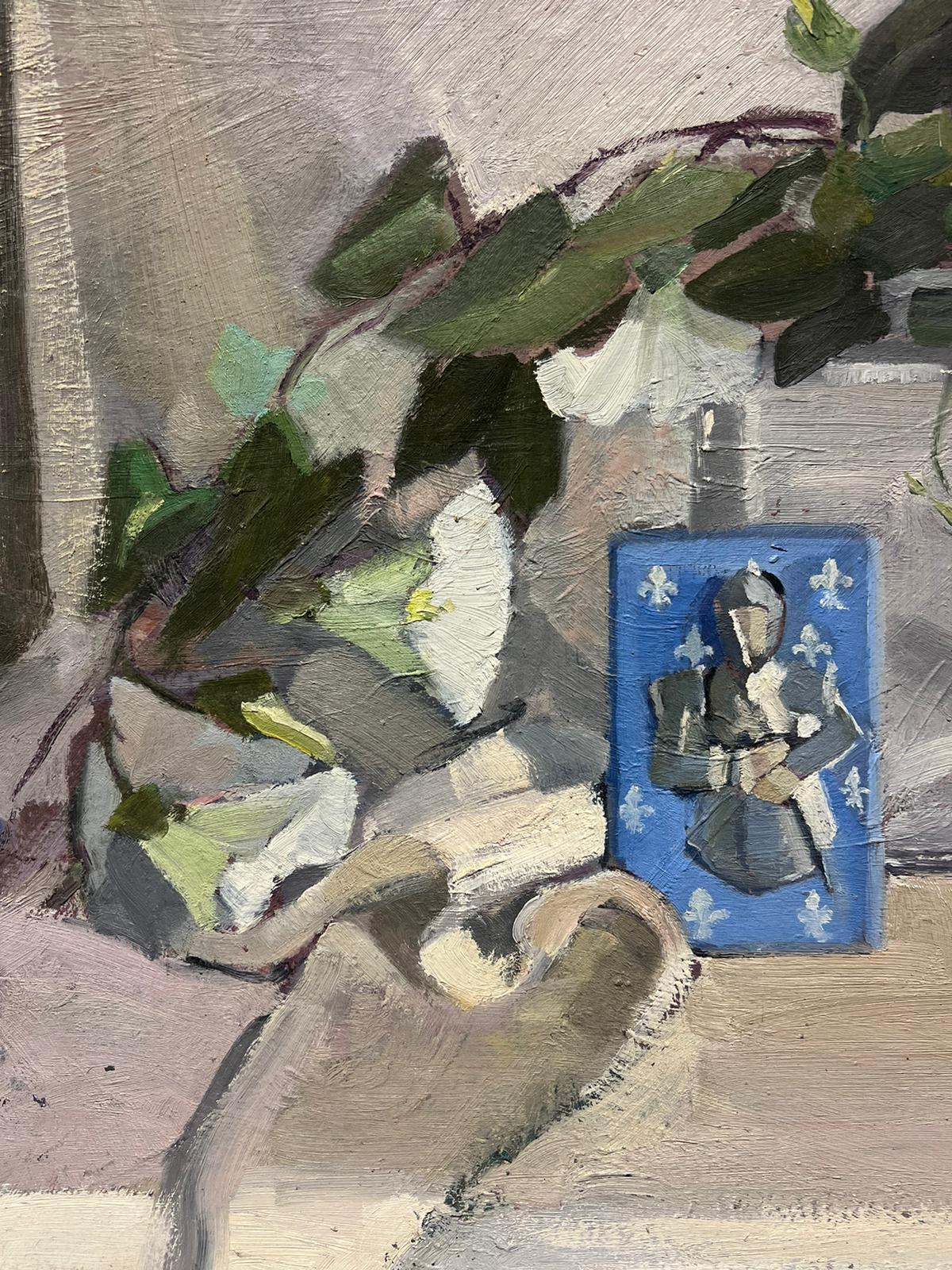 Peinture à l'huile impressionniste française intérieure jeu de cartes et Calystegia  - Impressionnisme Painting par Louise Alix