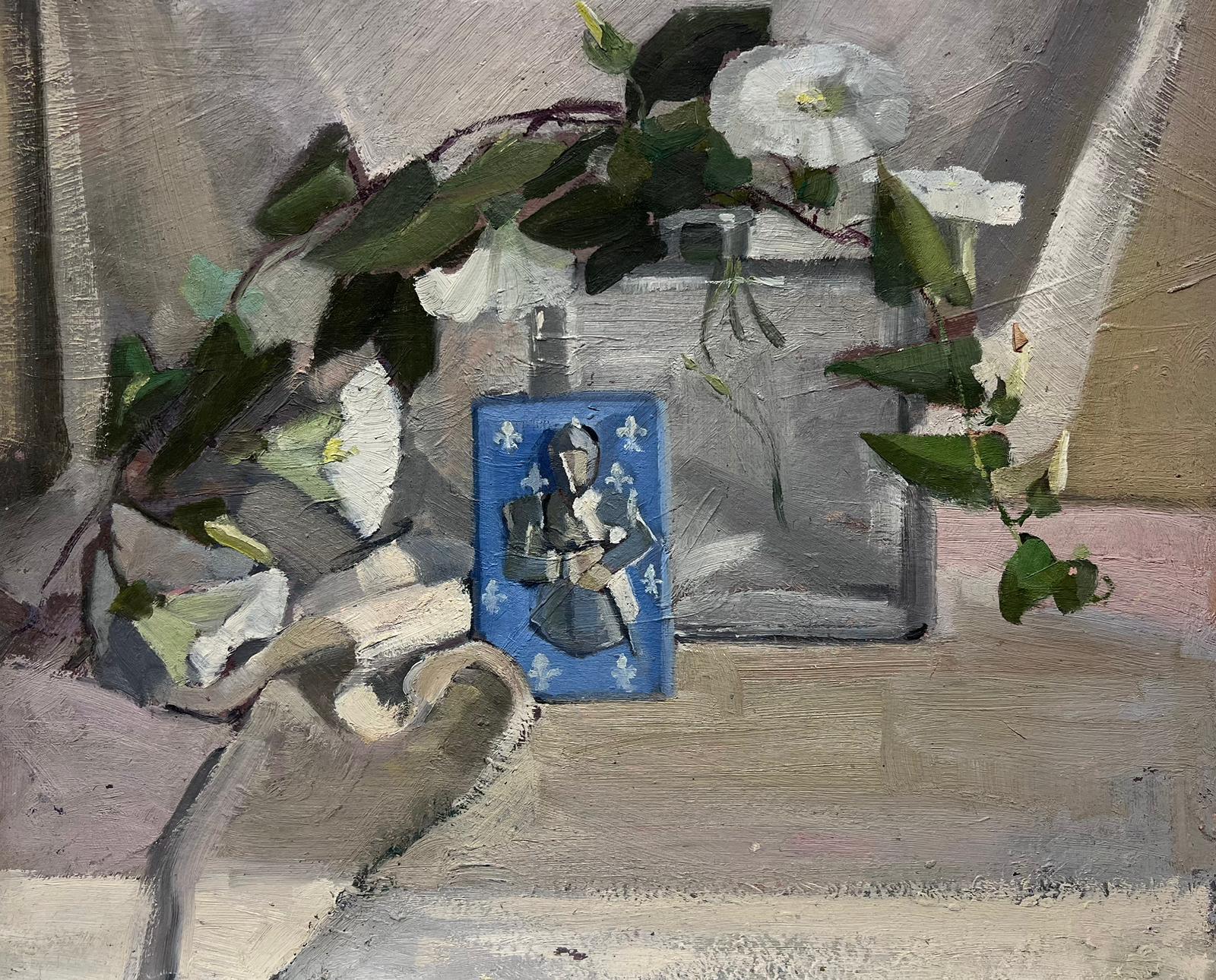 Still-Life Painting Louise Alix - Peinture à l'huile impressionniste française intérieure jeu de cartes et Calystegia 