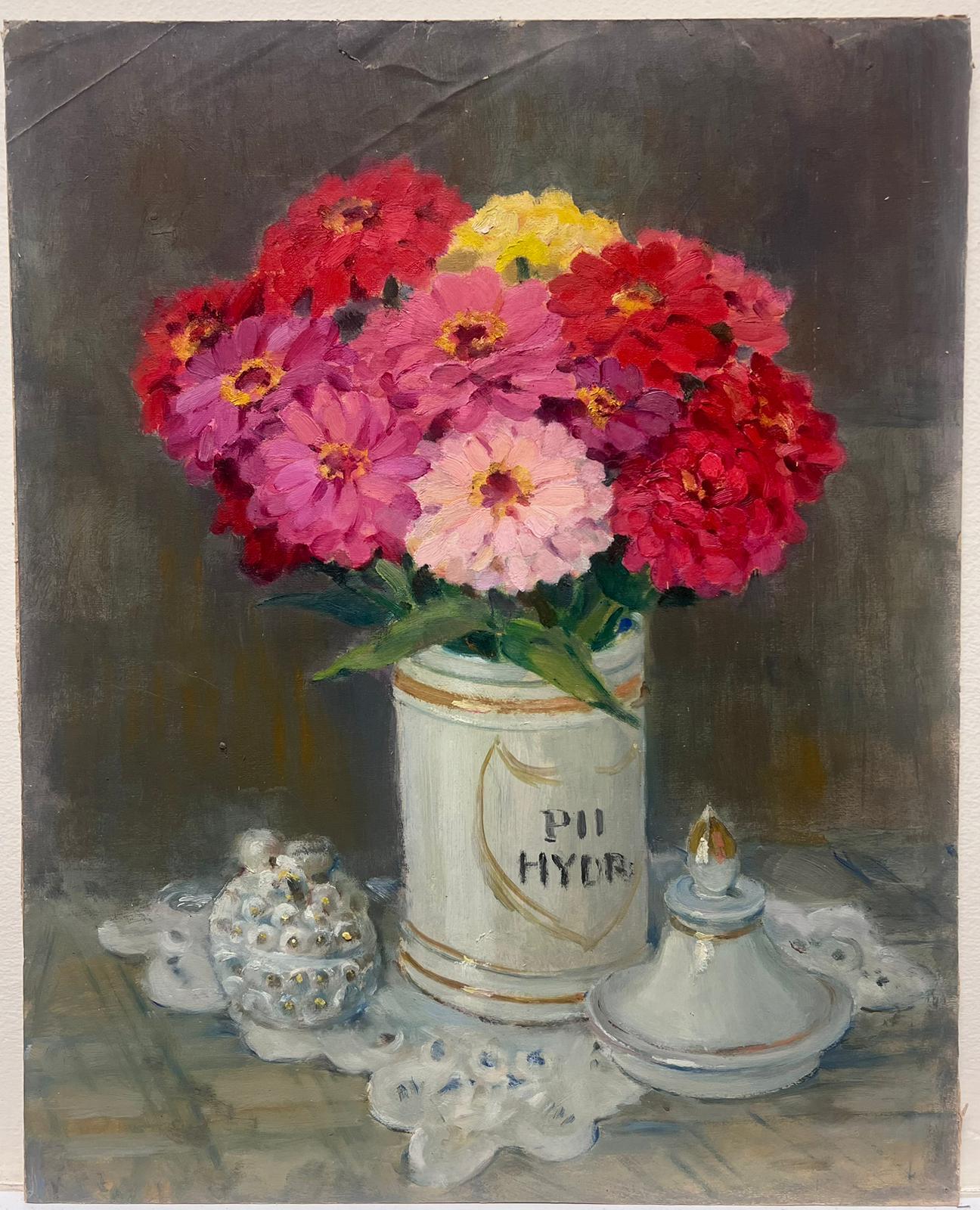 French Impressionist Oil Pink and Red Flowers In Glass White China Jar - Painting by Louise Alix