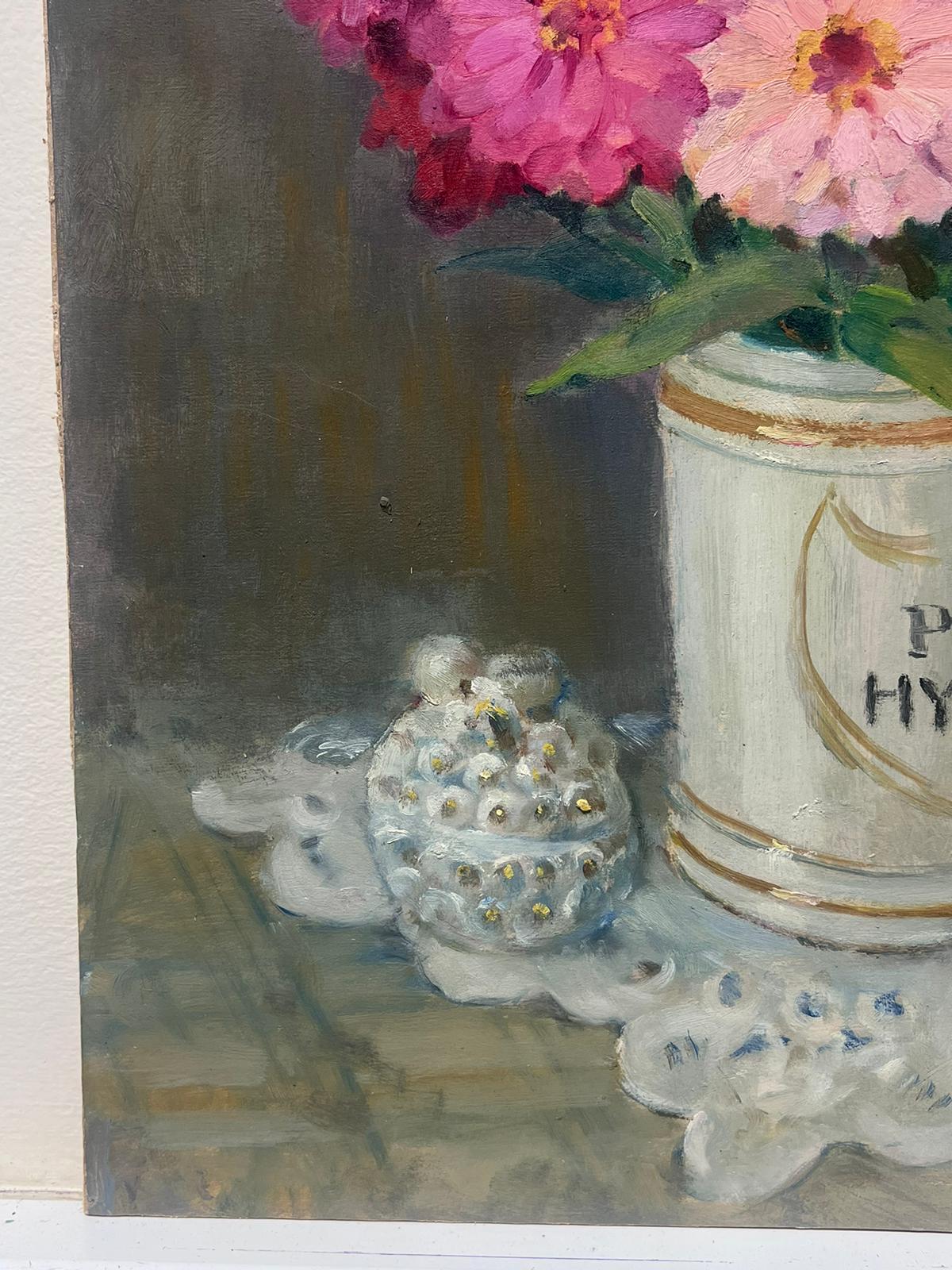 French Impressionist Oil Pink and Red Flowers In Glass White China Jar - Brown Still-Life Painting by Louise Alix