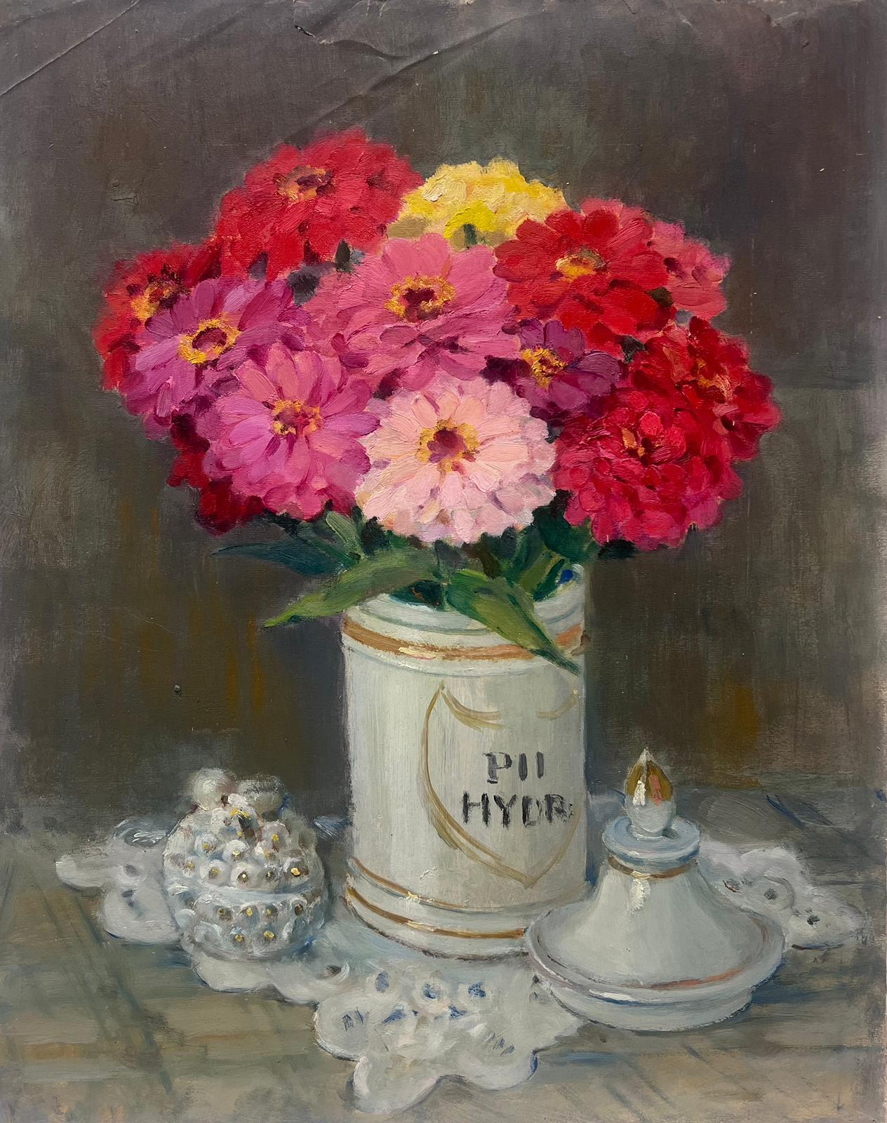 Louise Alix Still-Life Painting - French Impressionist Oil Pink and Red Flowers In Glass White China Jar