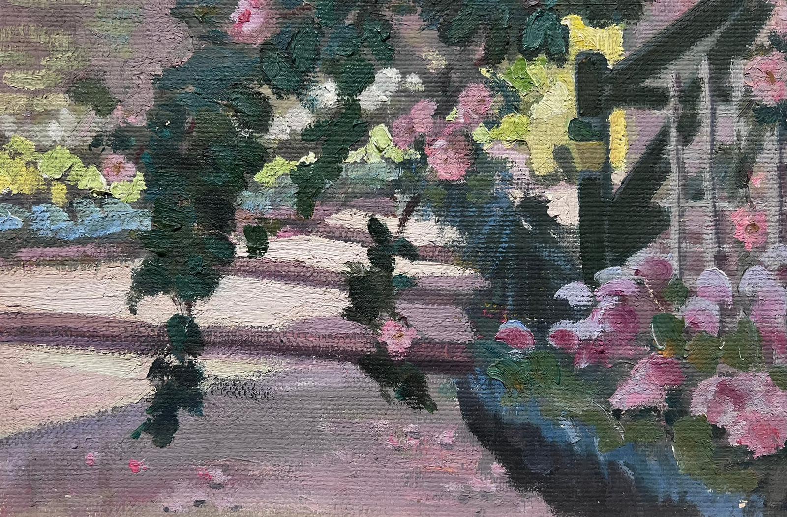 French Impressionist Oil Pink Rose Bush Over Step Pathway Landscape - Painting by Louise Alix