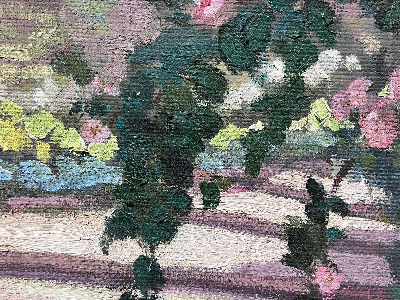 French Impressionist Oil Pink Rose Bush Over Step Pathway Landscape For Sale 1