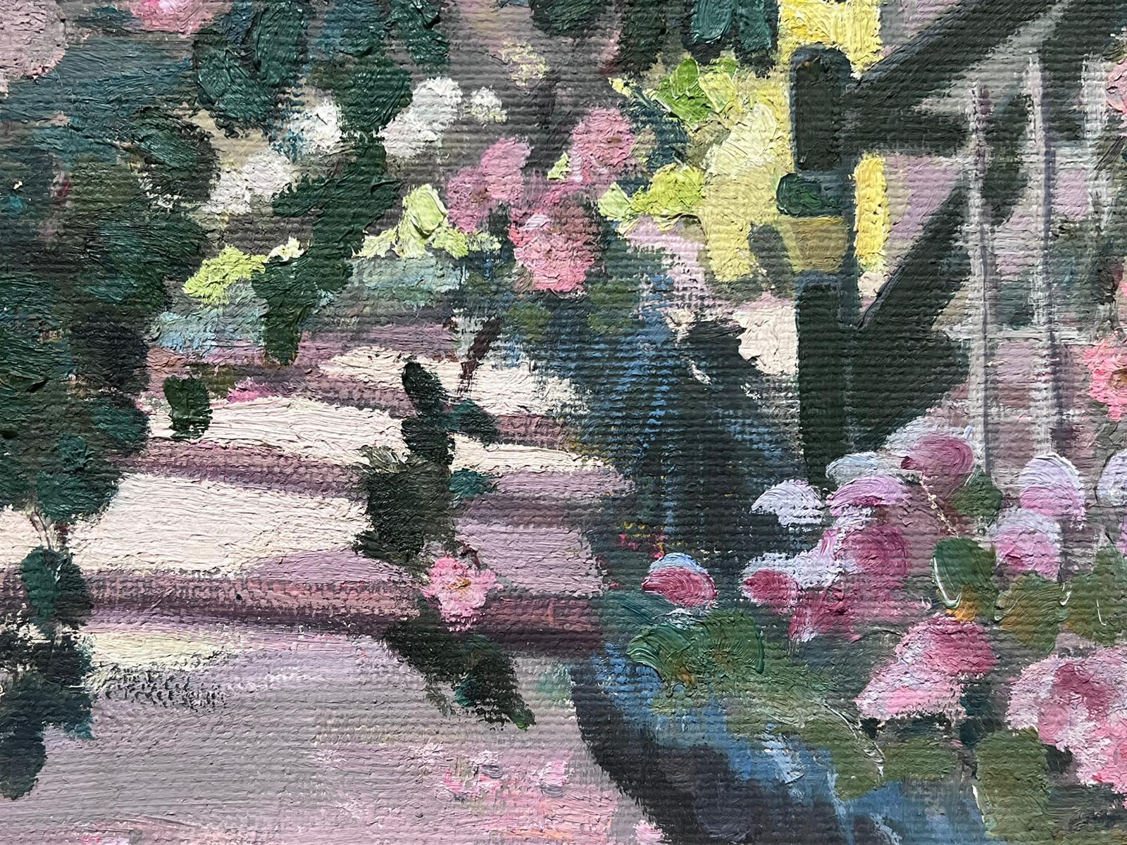 French Impressionist Oil Pink Rose Bush Over Step Pathway Landscape For Sale 1