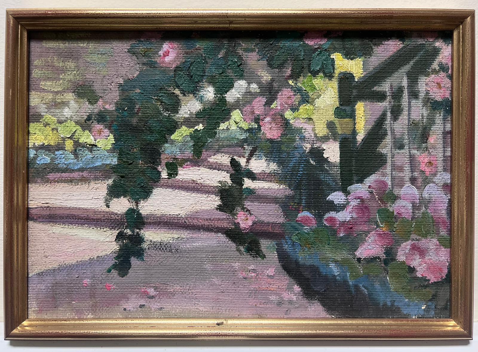 Louise Alix Landscape Painting - French Impressionist Oil Pink Rose Bush Over Step Pathway Landscape
