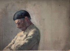 Französischer Impressionist Ölporträt Gekreuzter bewaffneter Mann in Pose, der einen schwarzen Hut trägt
