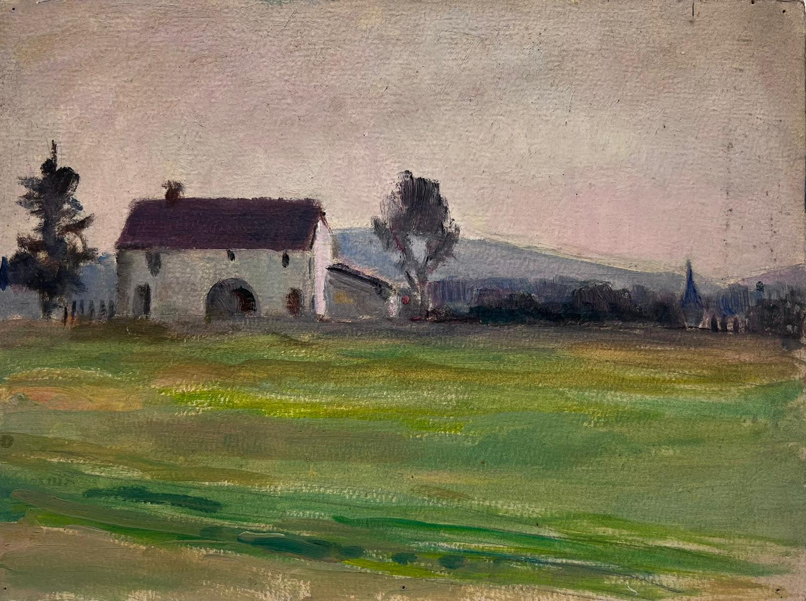 Landscape Painting Louise Alix - Huile impressionniste française Maison à toit violet dans un paysage de champs verts
