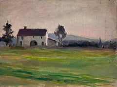 French Impressionist Oil Purple Roof House In Green Field Landscape 