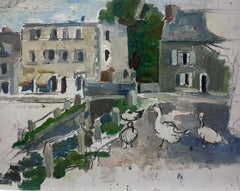 French Impressionist Oil Sketch White Swans Drinking From The Town River